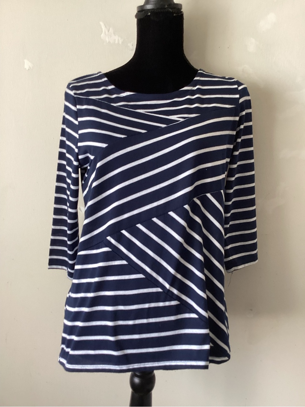 TO Navy Striped Women's Boatneck top with Diagonal Panel